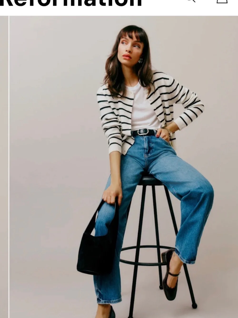 Reformation Clara Cashmere Crew Cardigan Gossamer Black Stripe - Size S